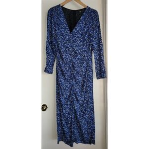 Zara Floral Blue Dress Size XXL Women's Midi Ruched 80s style